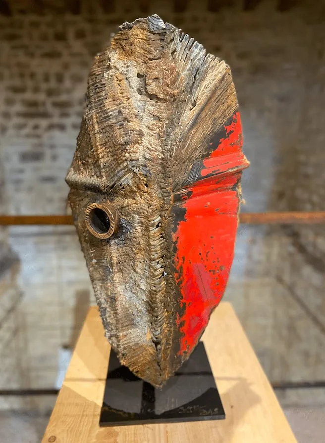 Sculpture de Julien Allègre, acier et bronze: Masque de Julien Allègre