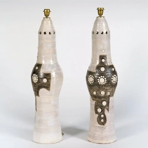 Paire de pieds de lampes de Georges Pelletier en céramique émaillée blanc et brun de Georges Pelletier