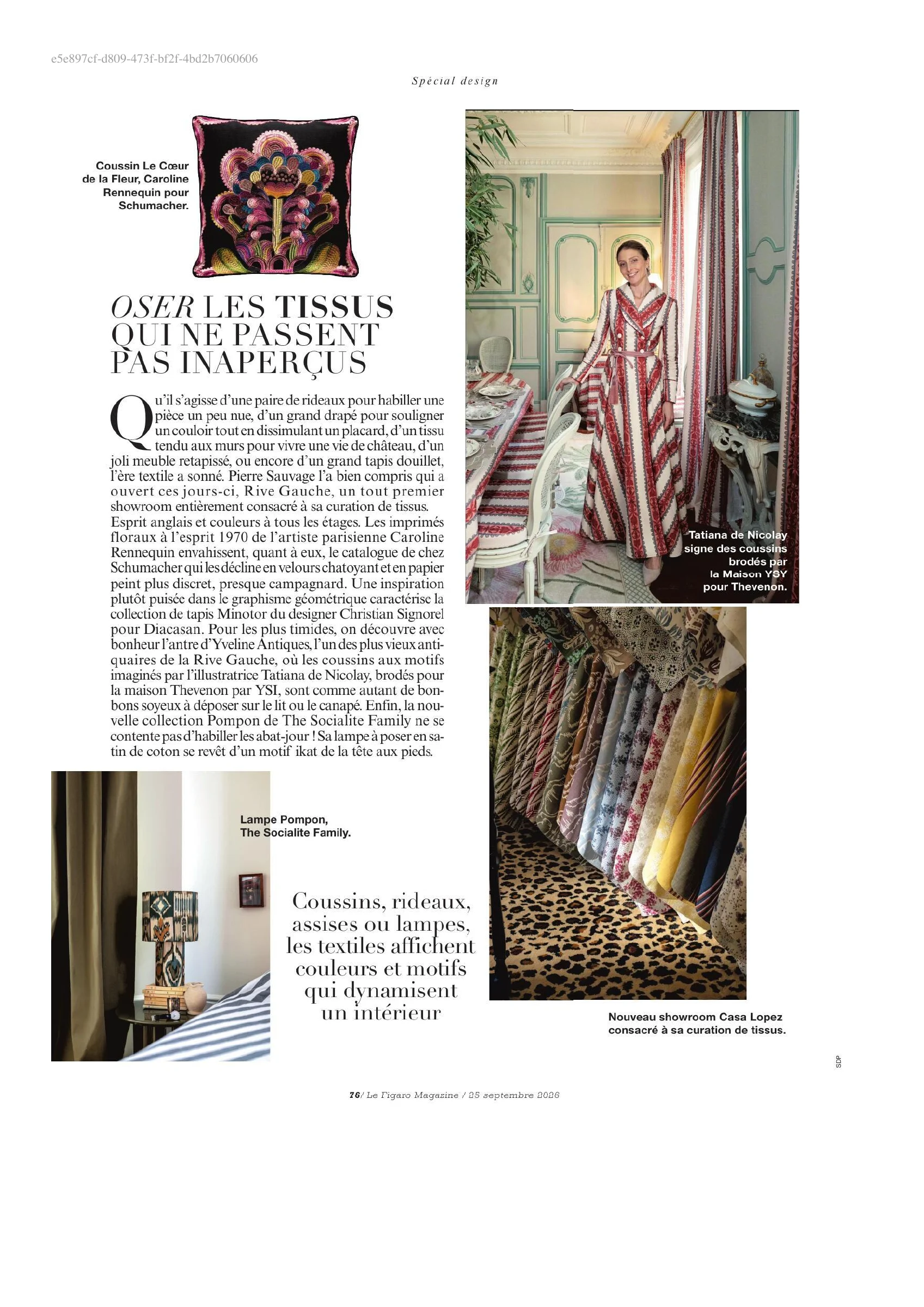 Le Figaro Magazine, page 76: Caroline Rennequin for Schumacher in a feature on statement fabrics