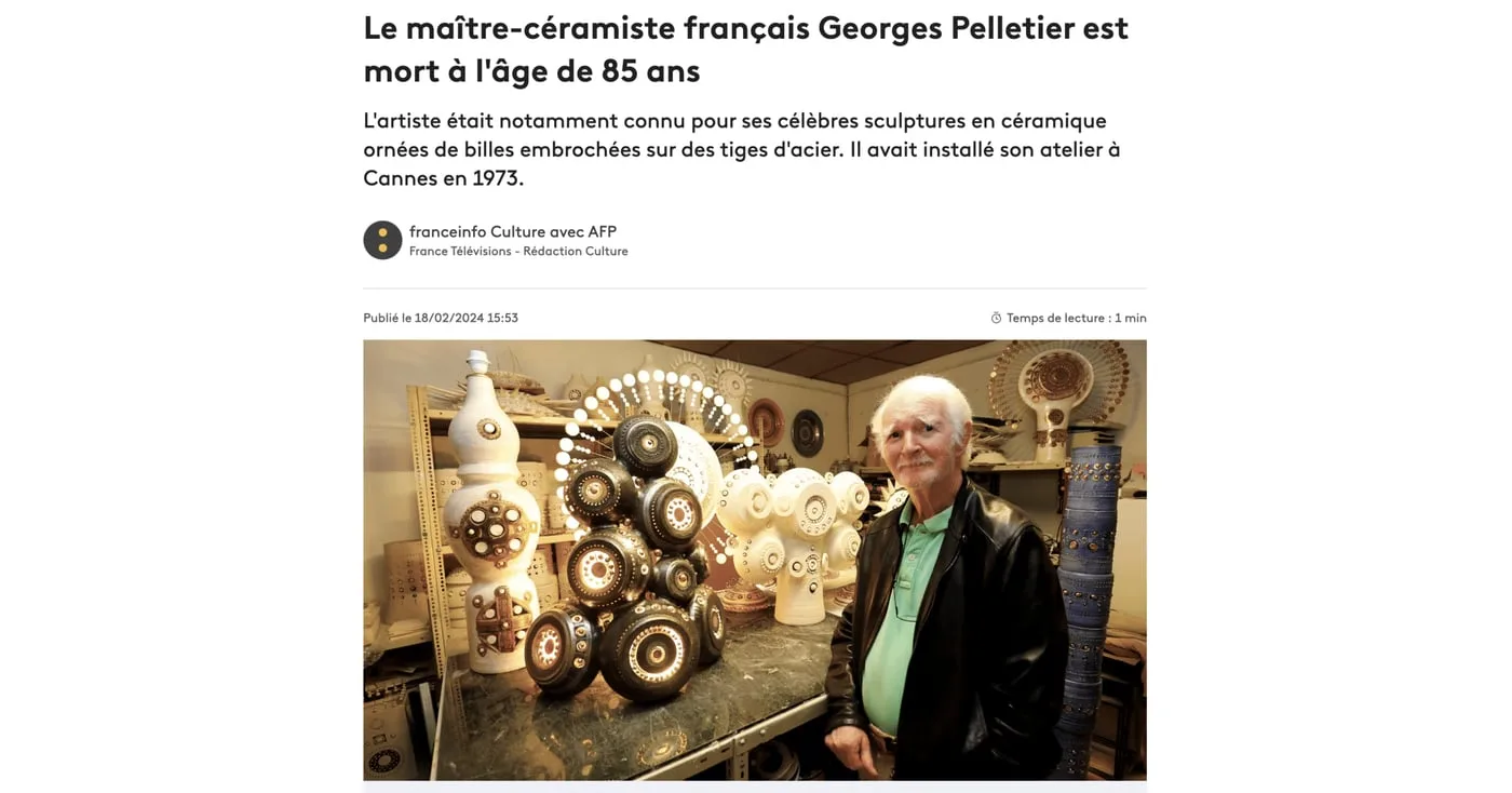 France Info — Master ceramist Georges Pelletier passes at 85
